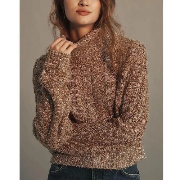 Anthropologie Pilcro Shine Metallic Wool Cable Knit Turtleneck Sweater Size MP - Picture 1 of 8